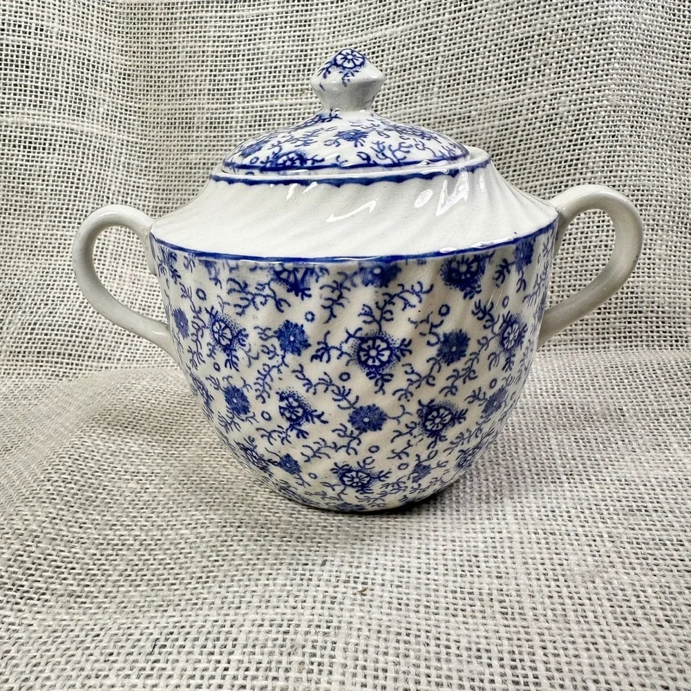 English Anchor Blue White Transferware Covered‎ Sugar Bowl England
